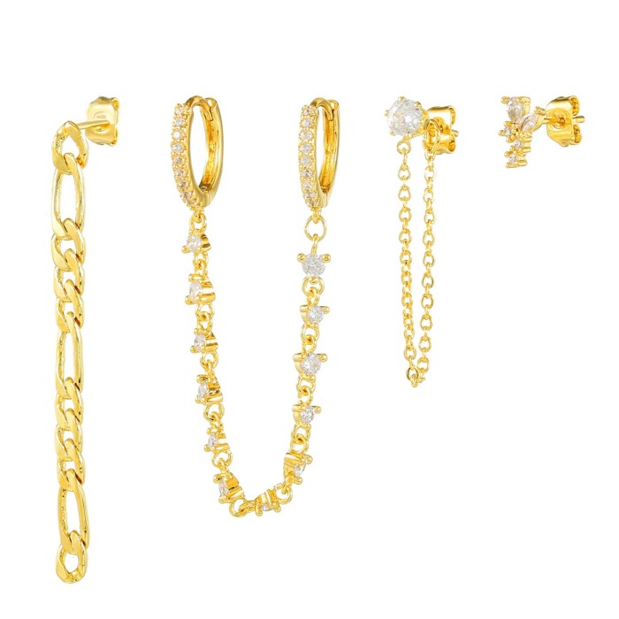 Best-selling Fashion Niche Chain Tassel Pendant Earring Set with Zircon Double Hoop Ear Clasps, Wholesale, Jewelry Sets