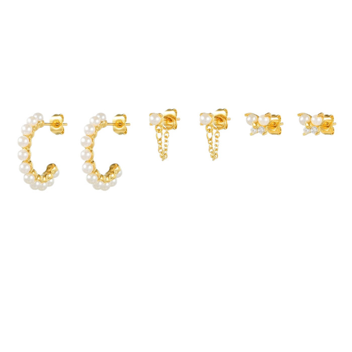 Korean-style S925 Silver Needle Fairy Pearl Butterfly Earring Set for Women, Chain Style, Elegant and Fashionable Int...