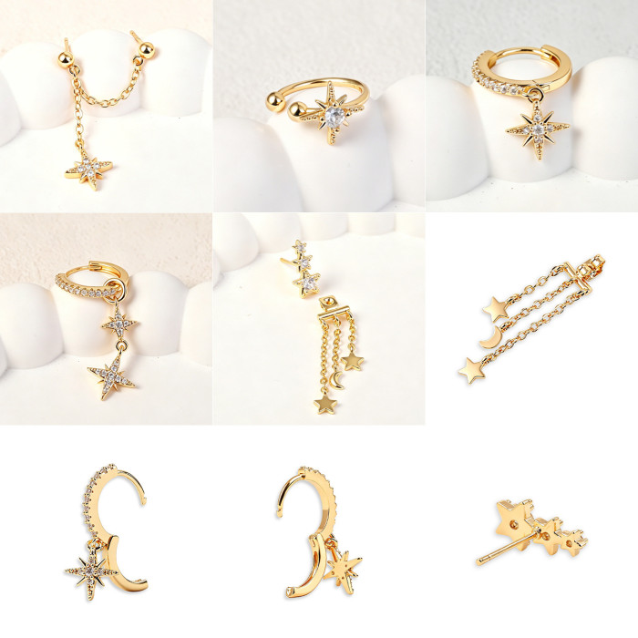 Bestseller: Star and Moon Tassel Pendant Earrings, Micro-inlaid Zircon Chain Stud Earring Set, Personalized Trendy Ea...