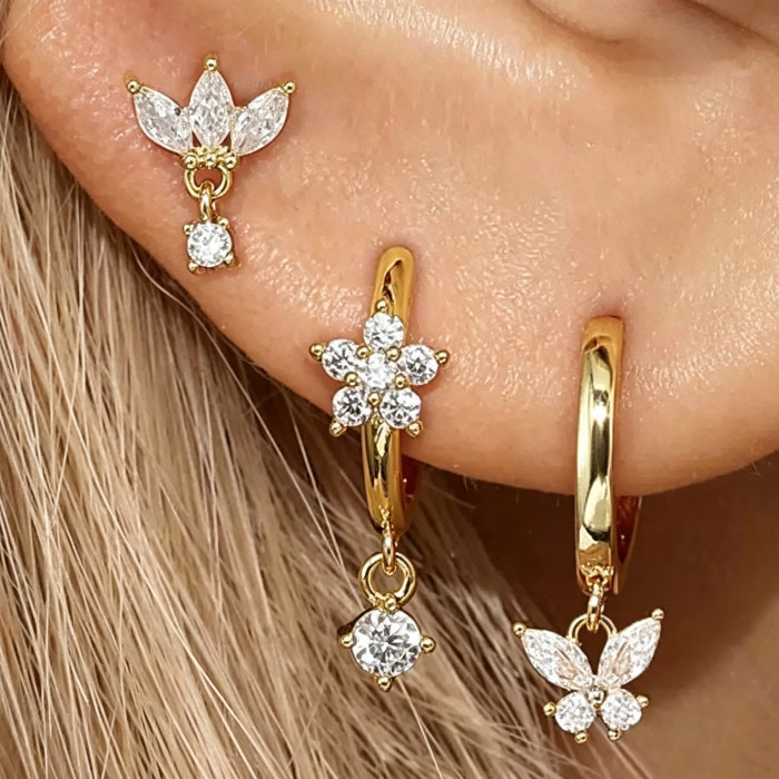 Amazon's Best-selling Luxury Zircon Butterfly and Flower Stud Earring Set, Copper Plated with 18K Real Gold, Wholesal...