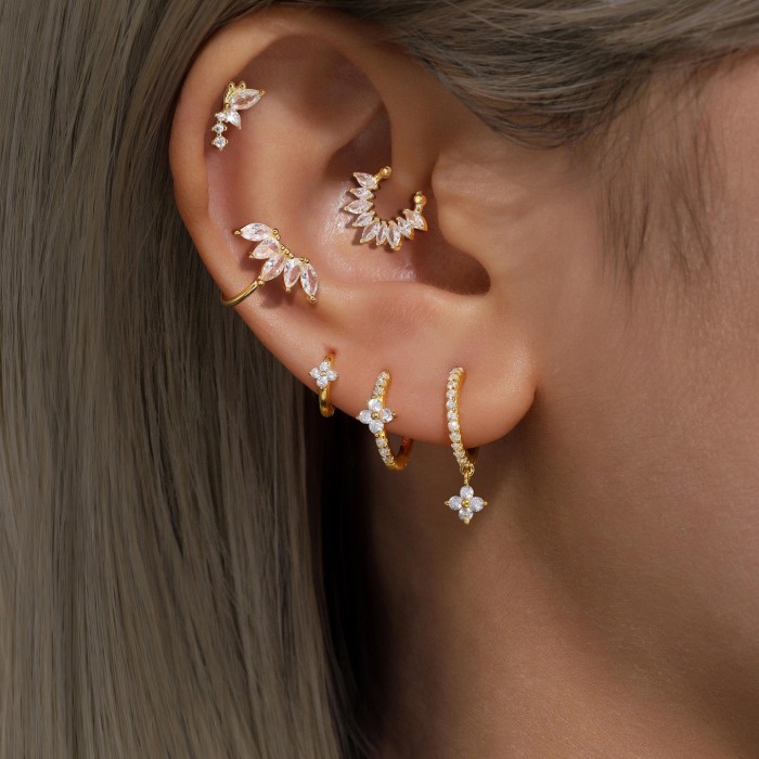 Personalized Light Luxury Style Four-leaf Clover Petal Ear Cuffs, Marquise Zirconia Stud Earrings, Fully Stone-Set Ear C...
