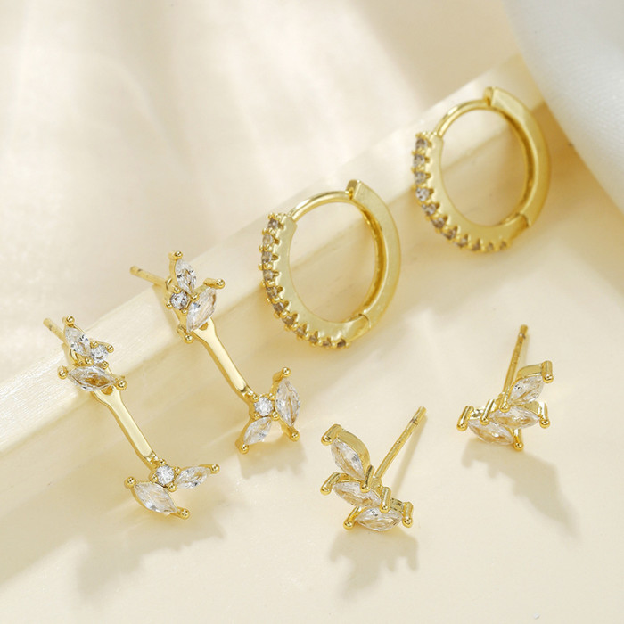 French-style Asymmetrical Clover Flat-bottomed Marquise Zircon Earrings, Elegant Pierced Leaf Stone-Studded Hoop Ea...