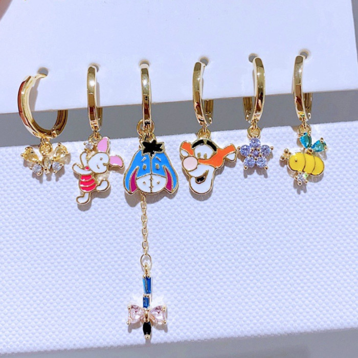 Cute Cartoon Bee Pendant Earrings, Adorable Puppy Oil-drip Earrings, Exquisite 18K Real Gold Set, Jewelry Sets