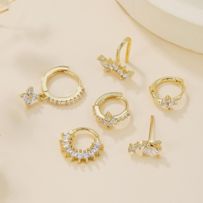 Personalized Light Luxury Style Four-leaf Clover Petal Ear Cuffs, Marquise Zirconia Stud Earrings, Fully Stone-Set Ear C...