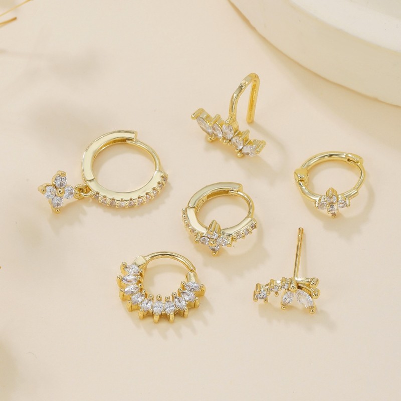 Personalized Light Luxury Style Four-leaf Clover Petal Ear Cuffs, Marquise Zirconia Stud Earrings, Fully Stone-Set Ear C...