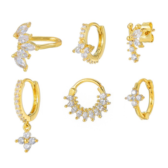 Personalized Light Luxury Style Four-leaf Clover Petal Ear Cuffs, Marquise Zirconia Stud Earrings, Fully Stone-Set Ear C...