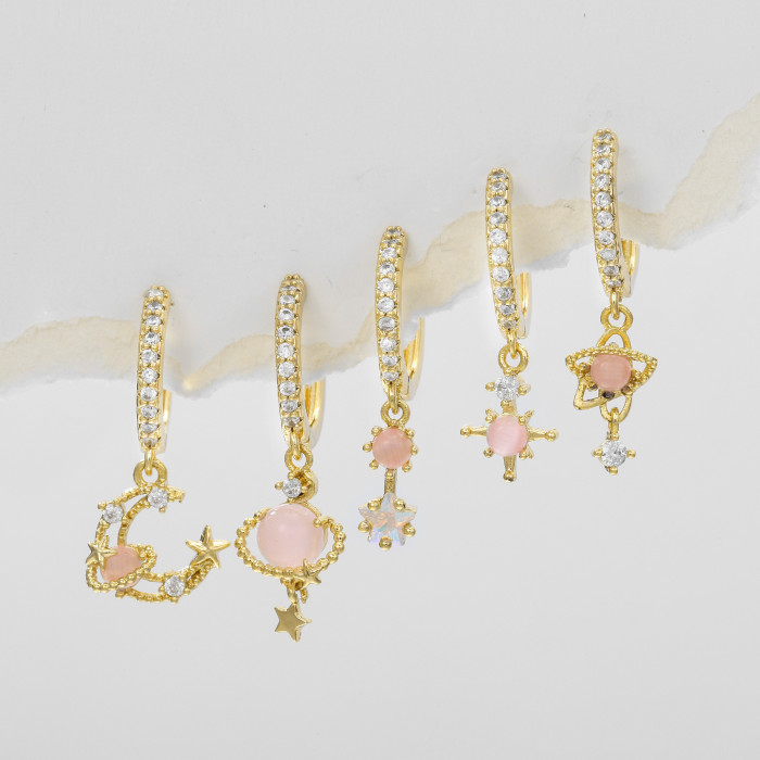 Fashion Five-pointed Star, Planet, and Moon Pendant Earrings for Women, Exquisite Micro-inlaid Zirconia Personalized...