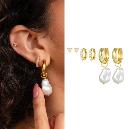 Vintage Pearl Earring Set for Women, Copper Plated with 18K Real Gold, Fashionable and High-end Earrings, Wholesale,...