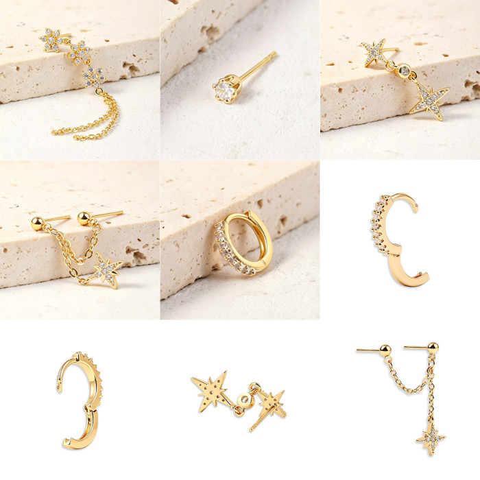 Best-selling Eight-pointed Star Earring Set, Fashionable and Simple Stone-Studded Chain Pendant Earrings for Women,...