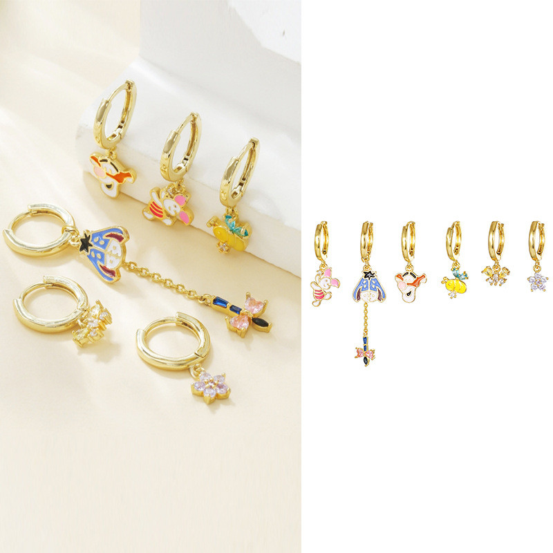 Cute Cartoon Bee Pendant Earrings, Adorable Puppy Oil-drip Earrings, Exquisite 18K Real Gold Set, Jewelry Sets