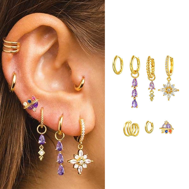 Tassel Flower Pendant with Purple Colored Stones, 18K Gold Plated Copper Ear Clasp, Creative Zircon-inlaid Ear Cuff...