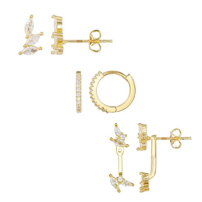 French-style Asymmetrical Clover Flat-bottomed Marquise Zircon Earrings, Elegant Pierced Leaf Stone-Studded Hoop Ea...