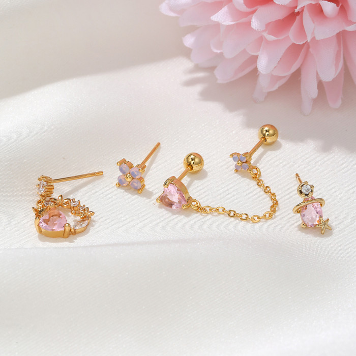 Pink Sweet Heart-Shaped Earrings Set, Cute Flower Stud Earrings, Jewelry, Direct Supply From Factory, Wholesale Earri...