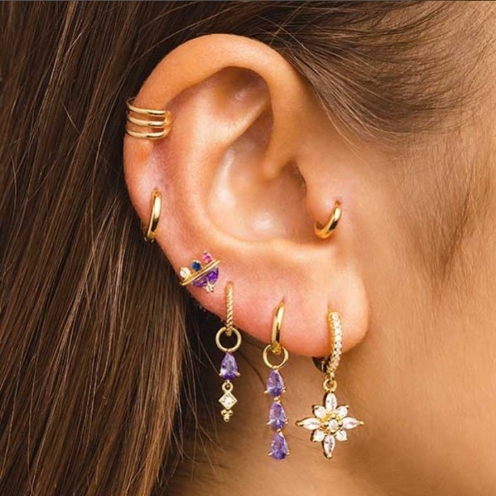 Tassel Flower Pendant with Purple Colored Stones, 18K Gold Plated Copper Ear Clasp, Creative Zircon-inlaid Ear Cuff...