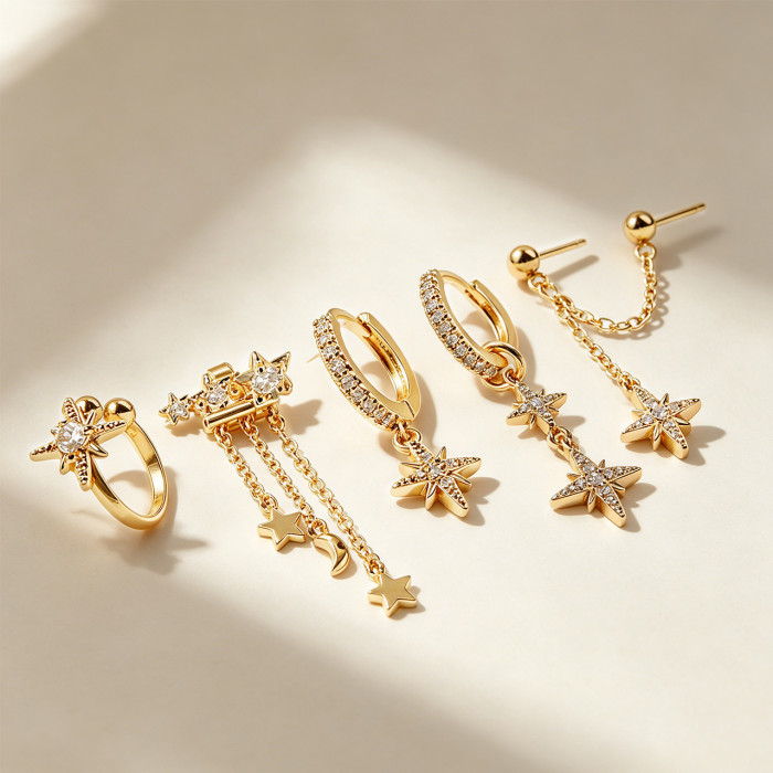 Bestseller: Star and Moon Tassel Pendant Earrings, Micro-inlaid Zircon Chain Stud Earring Set, Personalized Trendy Ea...