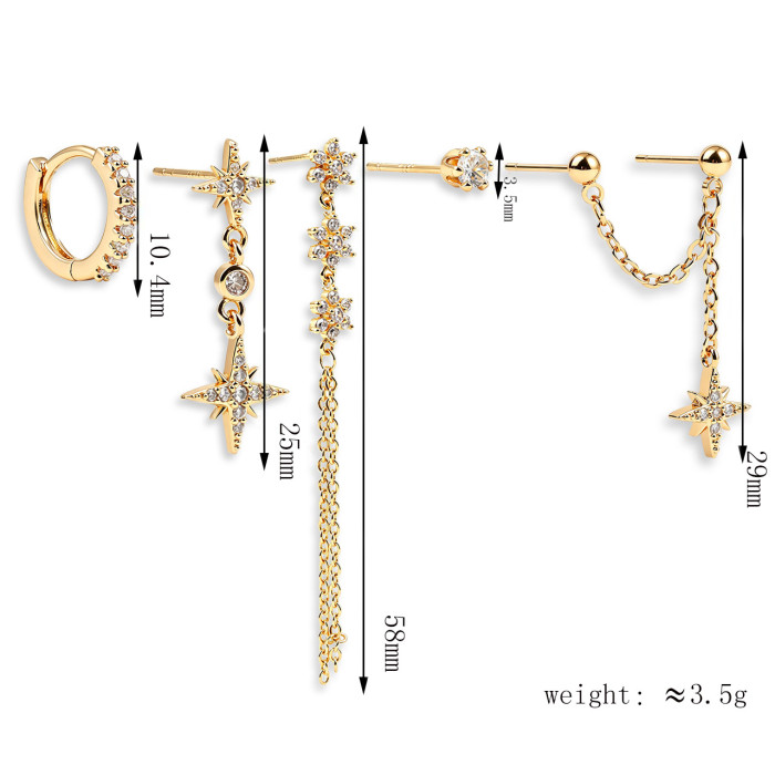 Best-selling Eight-pointed Star Earring Set, Fashionable and Simple Stone-Studded Chain Pendant Earrings for Women,...