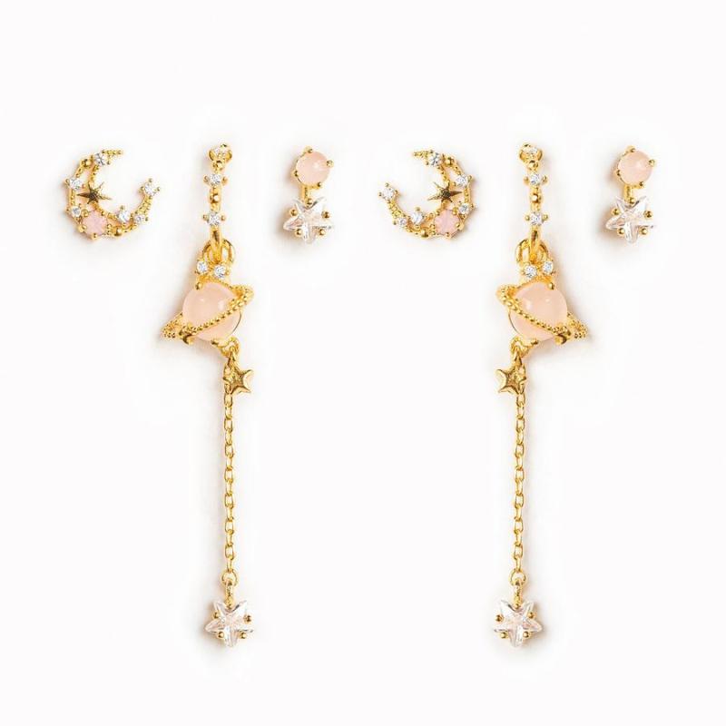 Style 18K Real Gold Plated Earring Set with Zircon Star, Moon, and Chain Pendants for Women, Jewelry Sets