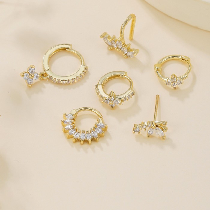 Personalized Light Luxury Style Four-leaf Clover Petal Ear Cuffs, Marquise Zirconia Stud Earrings, Fully Stone-Set Ear C...
