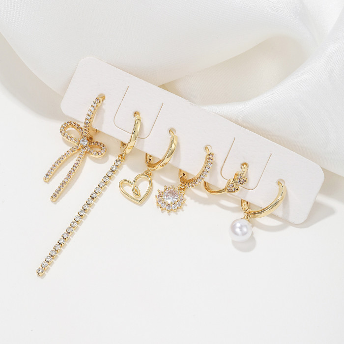 New Bowknot Heart Earrings Long Tassel Zirconia Earrings Women's Fashion Light Luxury Pearl Earring Set Wholesale, Je...