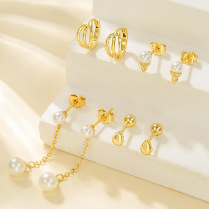 French-style Pearl Chain Earrings Set, Fashionable Vintage Stud Earrings Set, Copper Plated with 18K Real Gold, Whole...