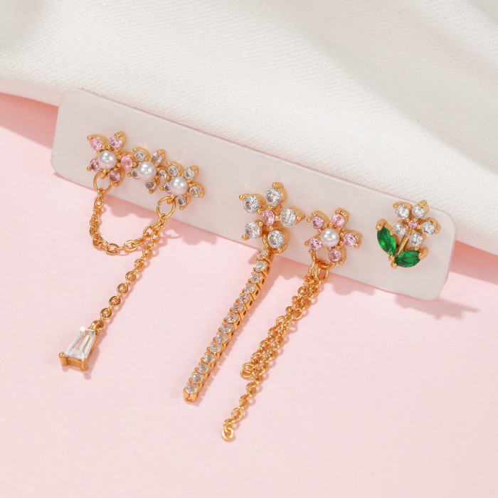 Style Floral Chain Earring Set, Inlaid with Zirconia, Elegant Pearl Earrings, Five-piece Set, Supply Accessories, Jew...