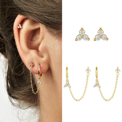 S925 silver needle light luxury style real gold plated earrings, personalized clover tassel pendant chain earring set