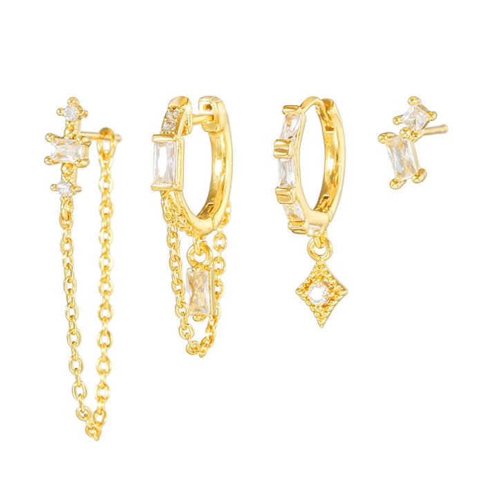 S925 Silver Needle Earring Set, Simple and Versatile Geometric Stone-Studded Chain Pendant Earrings Wholesale, Jewe...