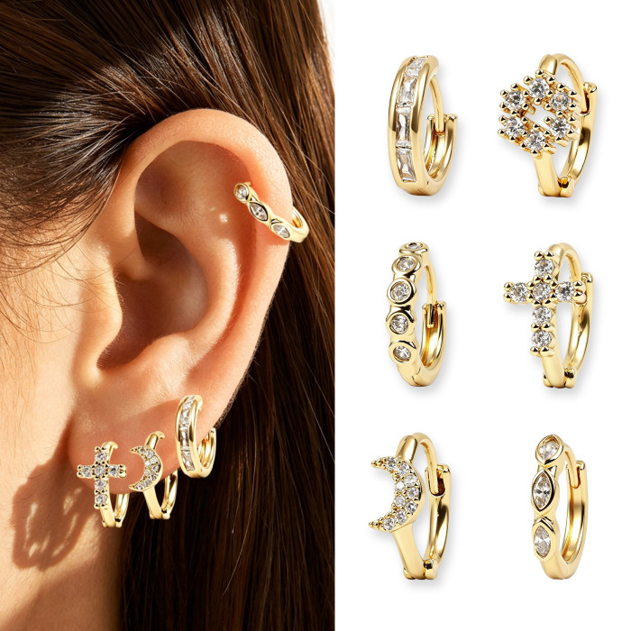Cross and Moon Geometric Earrings, Super Shiny Fully Stone-Set Exquisite Personalized Ear Clips, Women's Earrings Wholesale