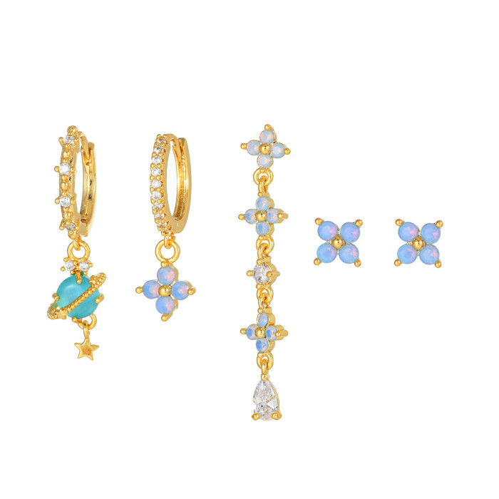 Korean and Japanese Style Blue Protein Flower Earrings, Popular Product, Tassel Earrings Five-piece Set, Direct Suppl...