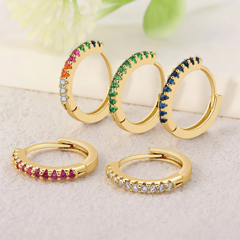 Ins-style Circle Colored Zircon Earrings, Light Luxury and High-end Feel, Copper Plated with 18K Gold, Women's Earrin...
