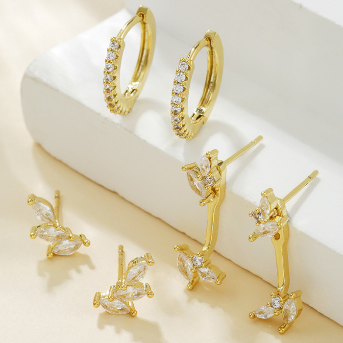French-style Asymmetrical Clover Flat-bottomed Marquise Zircon Earrings, Elegant Pierced Leaf Stone-Studded Hoop Ea...
