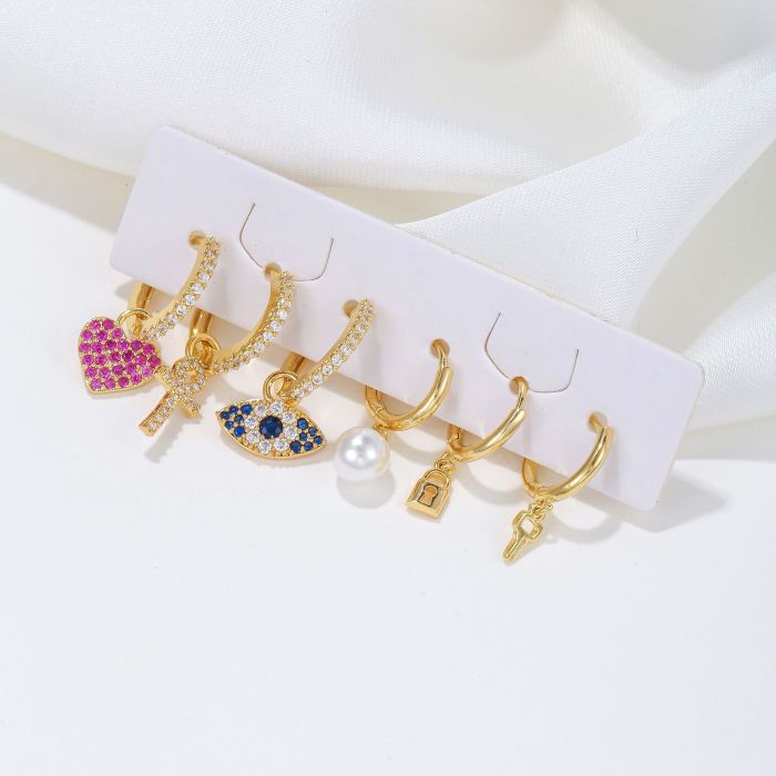 New Colorful Zircon Earrings for Women, Luxurious and Elaborate, Geometric Heart-shaped Pearl Pendant Earring Set, Je...