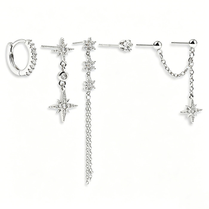 Best-selling Eight-pointed Star Earring Set, Fashionable and Simple Stone-Studded Chain Pendant Earrings for Women,...