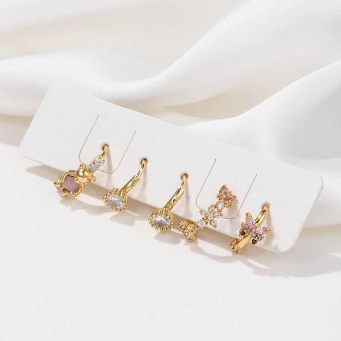 Korean Dongdaemun Style Earrings, New Ear Piercing-friendly Jewelry, Bear Zircon Five-piece Set, Ear Clips, Ear Acces...