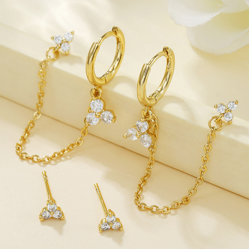 S925 silver needle light luxury style real gold plated earrings, personalized clover tassel pendant chain earring set