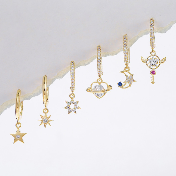 Fashion Geometric Micro-inlaid Colorful Zircon Earrings, New Star and Moon Set Earrings Wholesale, Jewelry Sets