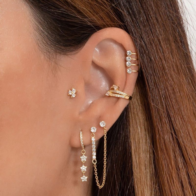 Fashion Layered Non-pierced Zircon Earrings for Women, Chain Star Pendant Earring Set, Wholesale Earrings, Jewelry Sets