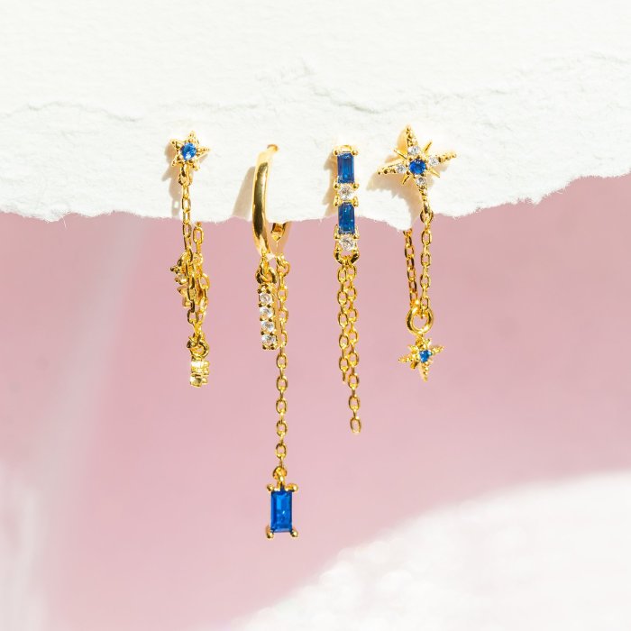 Fashion Zirconia Stud Earring Set with Chain and Star Elements, Four-piece Earring Set Wholesale, Jewelry Sets