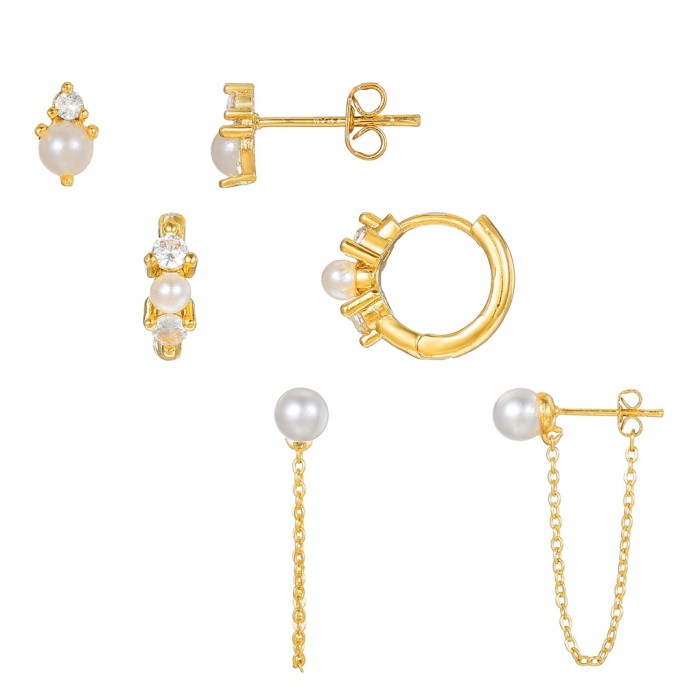 S925 Silver Needle French Style Pearl Tassel Pendant High-end Versatile Earrings Set of Six Pieces, Jewelry Sets, 925...