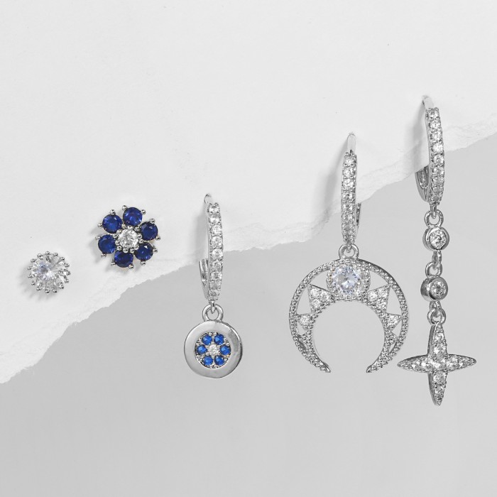Korean and Japanese Style Simple Five-piece Set of Earrings for Women, S925 Silver Needle Micro-inlaid Zircon Long Ea...