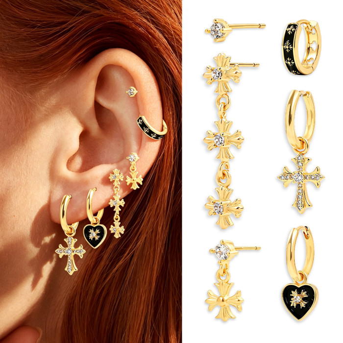18K Gold Plated Copper Niche Design Earrings, Light Luxury High-end Heart-shaped Cross Stud Earring Set Wholesale, Je...