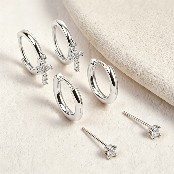 Style Simple Cross Earrings with Stones for Women, Elegant and High-end Ear Cuffs, Fashionable and Versatile Earrin...