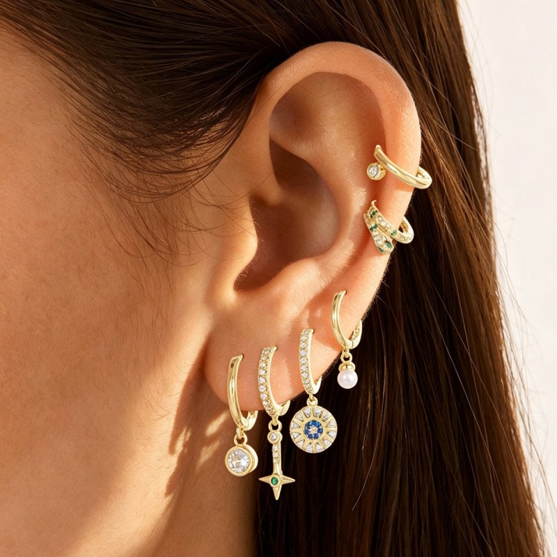 New Fashion Colorful Micro-inlaid Zircon Earrings for Women, Foreign Trade Light Luxury Six-piece Set Earrings Wholes...