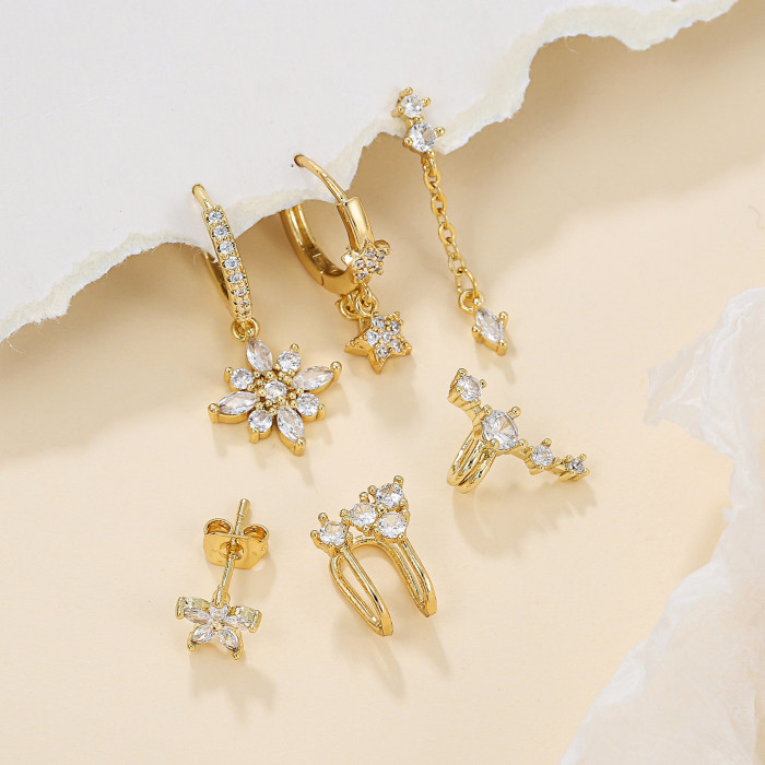Stone-Studded Pentagram Flower Light Luxury Earrings, Unique Niche Fashion Temperament Six-piece Set of Earrings fo...
