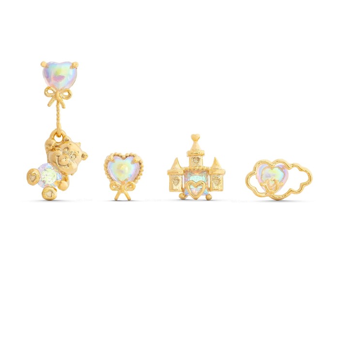 fashion rose gold rainbow bear zircon earring set, white K iridescent heart castle earrings and pendants