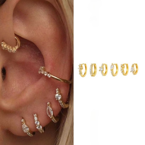 Bestseller: Personalized Korean-style Single-row Stone-Studded Earrings, 18K Gold Plated Copper, Light Luxury Hoop...