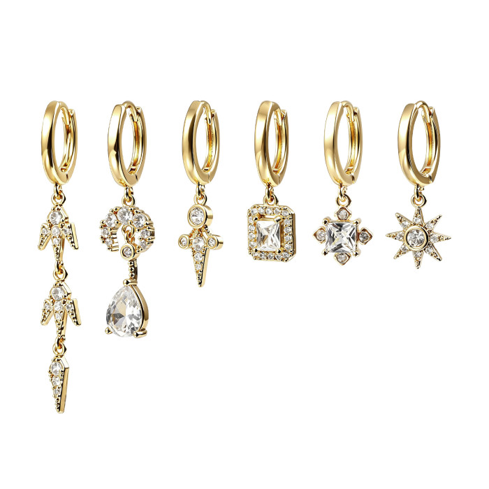 Best-selling Geometric Pendant Earring Set in Europe and America, 18K Gold Plated Copper Earrings with Zirconia, Whol...