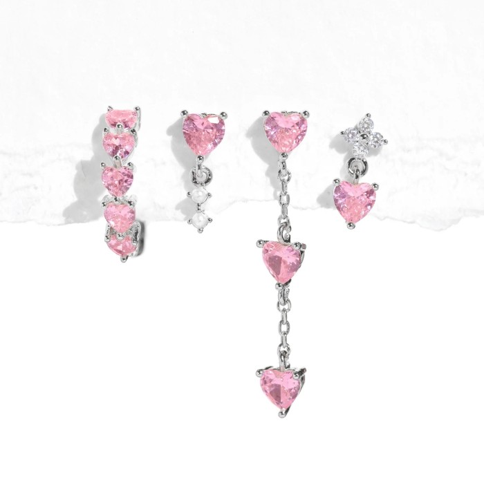 Sweet and Elegant Pink Heart-shaped Earrings, Japanese and Korean Girl Style Clear Flower Zirconia Stud Earrings Set,...