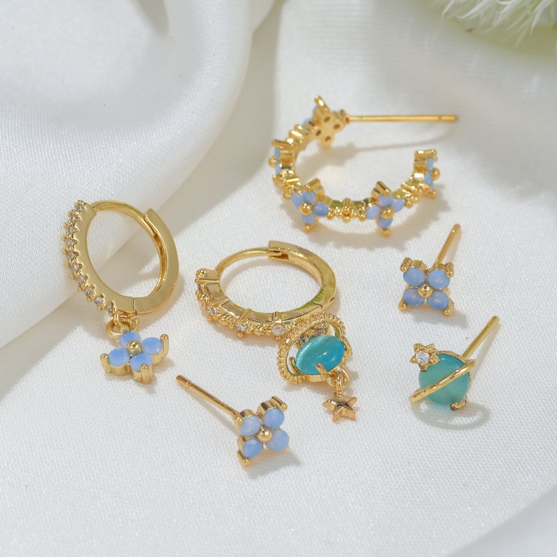 Exquisite Blue Floral Tassel Earring Set, Sweet and Gentle Saturn Spliced Circle Earrings, Jewelry Wholesale, Jewelry...