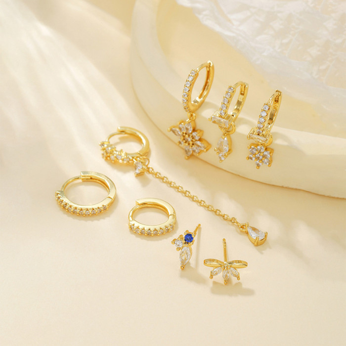 Best-selling Flower Pendant Zircon Earrings for Women, High-end Elegant Earring Set, Wholesale Copper Plated Real Gol...